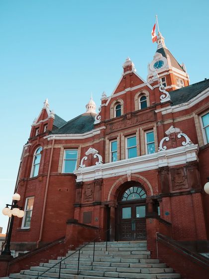 An architectural shot of Stratford's historic city hall, showcasing the beauty of the town.
