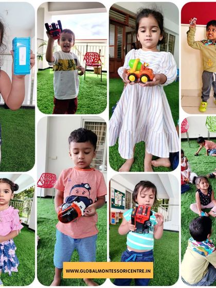 Children proudly show off their favorite toy vehicles from home as part of our 'Transport' theme, a great way to connect classroom learning with personal belongings.