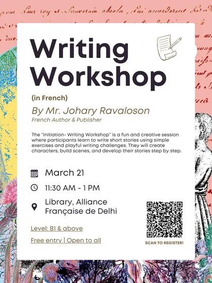 Details for our French creative writing workshop with author Johary Ravaloson. This session for B1+ level students focuses on building characters, scenes, and short stories.
