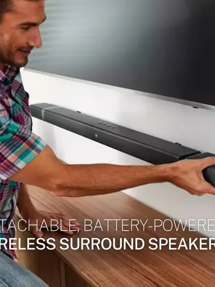 The JBL Bar 5.1 system offers true wireless surround sound with 510W of power. The main soundbar features detachable, battery-powered speakers that you can place anywhere in the room for a truly flexible and immersive audio experience.