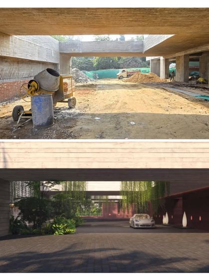 A before-and-after of the entrance at 'Khwabgah'. The design transforms a raw construction site into a dramatic, plant-filled arrival court.