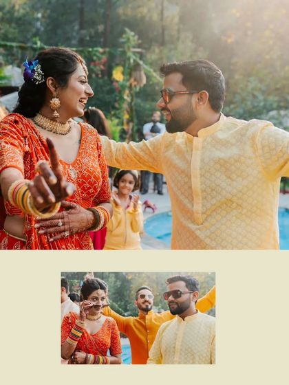 A collage showing the couple's playful interactions and fun moments with friends during the Haldi.