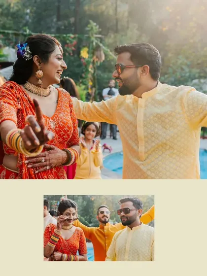 A collage from a fun-filled Haldi, capturing the couple dancing and posing with friends, showcasing the celebratory atmosphere.