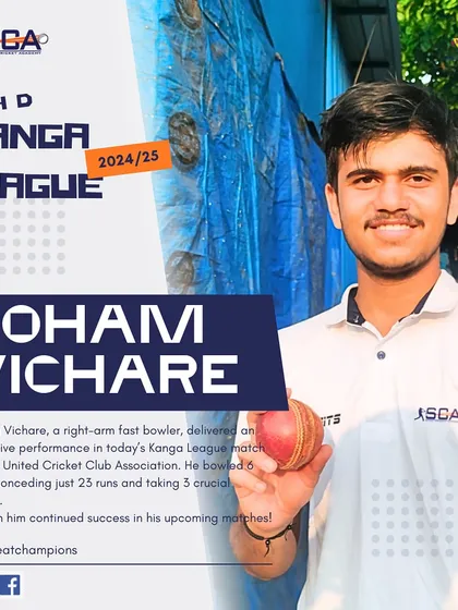Soham Vichare delivered an impressive spell in the Kanga League, taking 3 crucial wickets for just 23 runs.