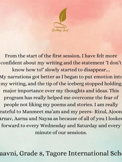 Feedback like this is the only award I am hungry for. A student from my workshop shares how she overcame her fear of writing and gained confidence, a breakthrough that is a testament to the supportive, non-judgmental environment we create together.