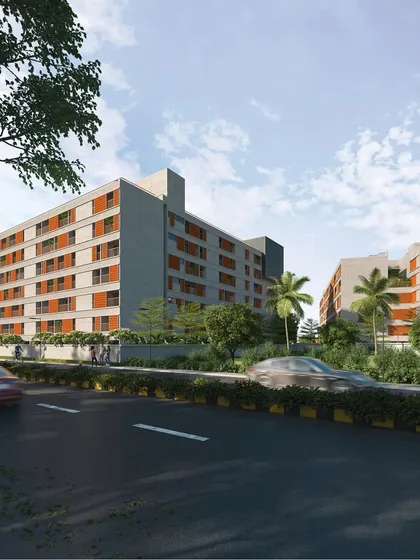 The exterior view shows the building's clean, modern facade with accents of color. The design balances private living spaces with a welcoming, open presence to the street.