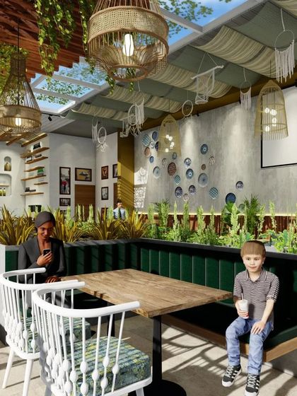 A 3D render of a proposed design for a rooftop lounge in Bangalore. This visualization showcases a bohemian-chic concept with natural materials, lush greenery, and a retractable glass roof for an open, airy feel.