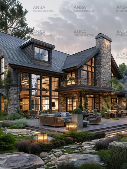 This mountain lodge design uses natural stone and dark wood to create a rustic yet luxurious feel. The large windows ensure that the stunning natural landscape is always part of the interior experience.