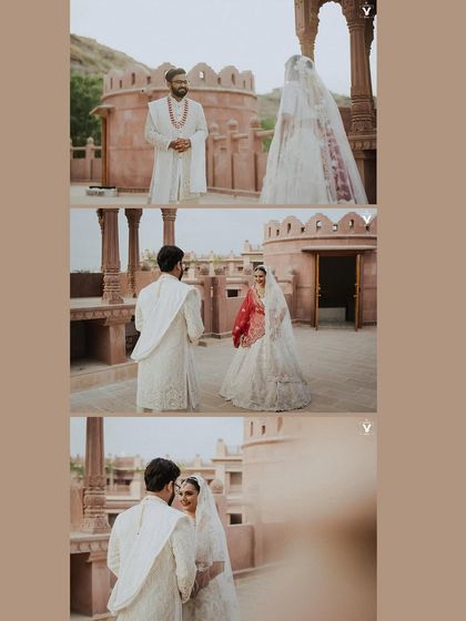A three-part story of a first look at a stunning Jodhpur palace. The sequence captures the bride's reveal, the groom's reaction, and their first moment together against a royal backdrop.