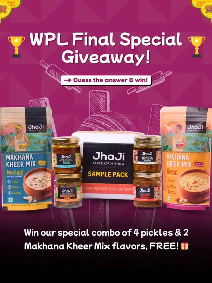 To celebrate the WPL 2025 Final, we hosted a special giveaway. Participants had to guess iconic cricket moments to win our "Kalpana ki Pasand" Combo, featuring 4 pickles and 2 Makhana Kheer Mix flavors.