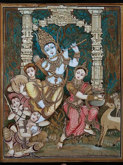This finished painting of Radha Krishna captures a moment of divine play. We focus on creating realistic expressions and using a rich color palette to tell a story. The intricate gesso work on the pillars and ornaments adds a three dimensional quality that is a hallmark of the Mysore style.