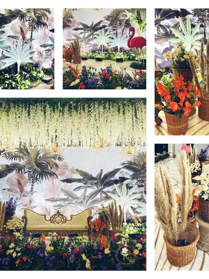 A collage showcasing a tropical paradise theme. The decor includes a custom-printed backdrop with palm leaves, flamingo props, and arrangements of pampas grass and colorful flowers in wicker baskets.