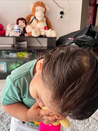 So much love for his new bunny friend. My toys are durable enough for lots of hugs and messy play.