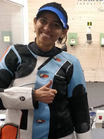 A thumbs up from Ayonika Paul after her great performance at the Nationals Selection trials, where she scored an amazing 631.3 in the 10m air rifle event.