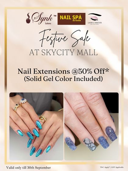 A festive sale announcement for nail extensions at 50% off. The images show two glamorous sets, one in a metallic turquoise and another in a sparkling purple with snake-print art.
