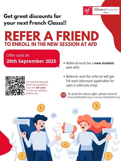 Learn French with your friends and save. Our "Refer a Friend" campaign gives both you and your friend a 5% discount when they enroll in a new session.