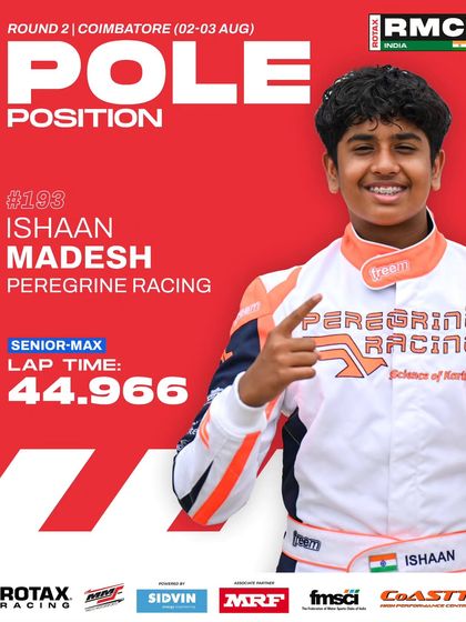 Ishaan Madesh celebrating pole position in the Senior Max class at Round 2 in Coimbatore.