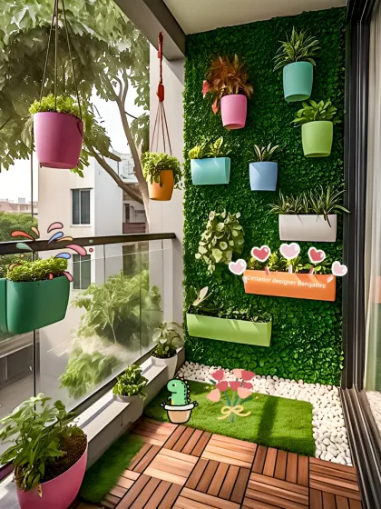 A vibrant and playful balcony design using colorful planters on a green wall. The wooden deck flooring adds warmth, creating a cheerful and inviting space to enjoy the outdoors.