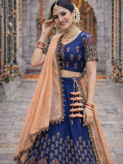 A happy and graceful pose in the royal blue silk lehenga, making it a perfect choice for a traditional yet vibrant look.