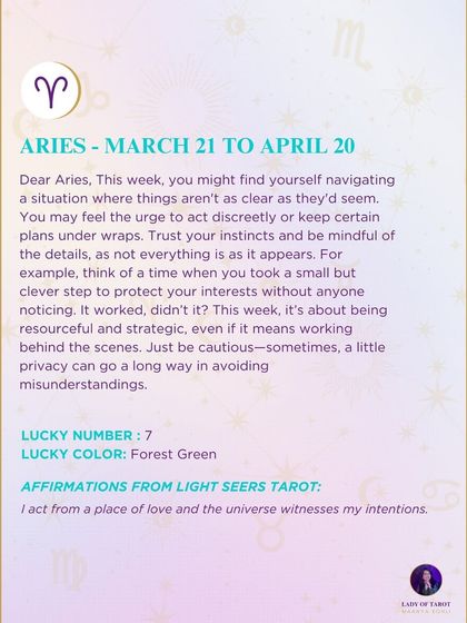 This weekly forecast for Aries is about navigating a situation where things aren’t as clear as they’d seem. It’s a message about being resourceful and strategic behind the scenes.