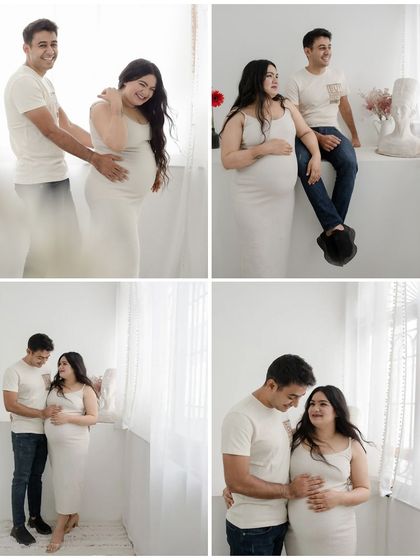 A collage of images from a classic all-white maternity session, capturing the couple's joy and anticipation from different angles.
