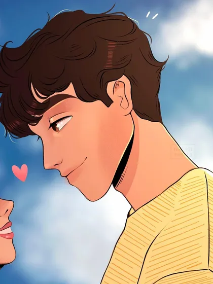 A close-up of the male character from the 'Young Love' illustration. His gentle expression and the soft lighting are designed to convey warmth and affection in this romantic portrait.