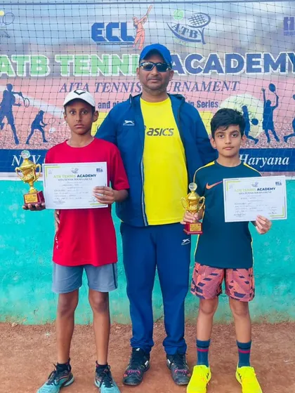 Reyansh celebrating his U12 Doubles title win at an AITA Championship Series tournament in Gurgaon.