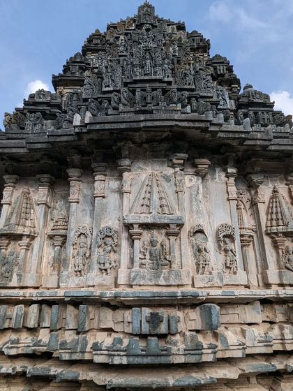 A close-up of the ornate gopuram of the Hirenallur temple. The density of the carvings is breathtaking and provides endless subjects for sketching.