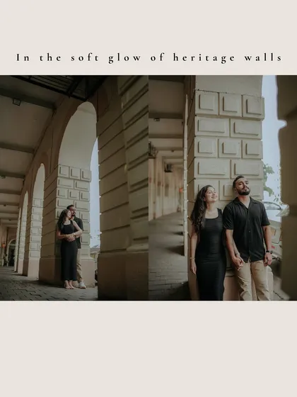 "In the soft glow of heritage walls." This collage captures the timeless romance of a pre-wedding shoot set against Mumbai's beautiful colonial architecture.