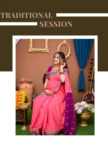 A promotional graphic for my traditional sessions, featuring a beautiful seated portrait of a mom-to-be in a pink saree, surrounded by culturally significant props.