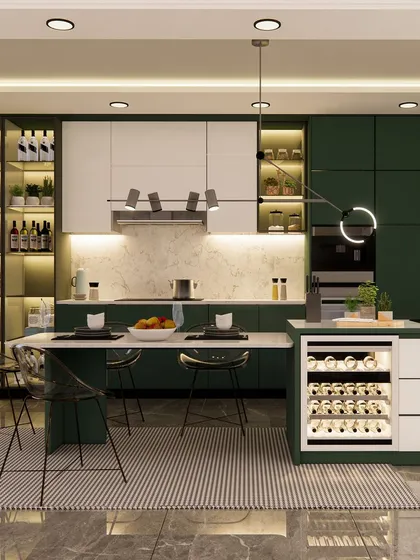 The kitchen is the heart of the home, and we design it to be both beautiful and highly functional. This modern kitchen features a bold green and white theme, integrated wine storage, and an island that doubles as a social hub.