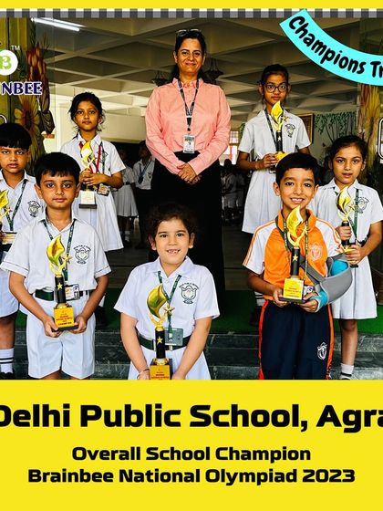 More happy faces from Delhi Public School, Agra, the Overall School Champion of 2023, holding their well-deserved trophies.