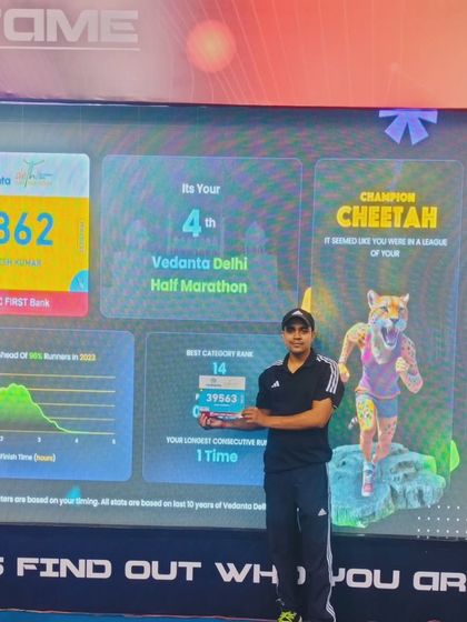 A full view of my achievement screen at the Delhi Half Marathon. It's a great feeling to see your hard work displayed like this.