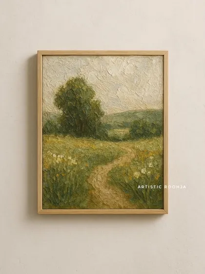 A serene landscape painting with a winding path. The texture in the grassy fields and the sky adds a rustic, impressionistic feel to the artwork.