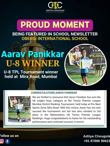 A proud moment for our student Aarav Panikkar, who was featured in his school newsletter for winning the U-8 TPL Tournament.