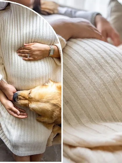 A collage of tender moments. One shot shows Hugo resting his head peacefully on the baby bump, while the other is a detailed close-up, emphasizing the texture and warmth of the moment.
