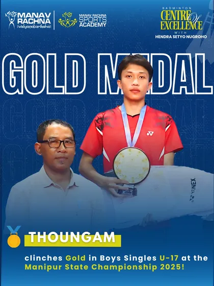 Gold Medalist Thoungam from our Badminton Centre of Excellence, after his win in the Boys Singles U-17 category at the Manipur State Championship. His victory is a testament to our high-performance training environment.