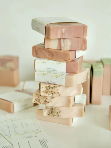 A stack of the beautiful pastel soaps sent to Amsterdam for a baby shower.