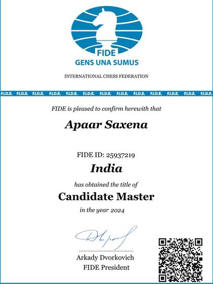 The official FIDE certificate confirming Apaar Saxena's title of Candidate Master. This is a formal recognition of his chess proficiency.