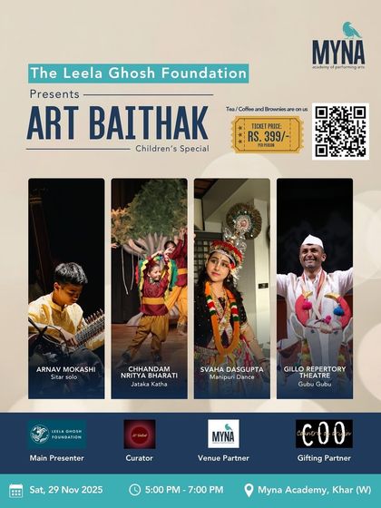 Every child has a story to tell. This poster announces the Art Baithak Children's Special, an event celebrating the spark of young talent with performances in Sitar, Kathak, Manipuri dance, and folk theatre.