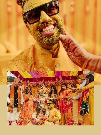 A collage showing the groom's joyful expression and the couple being showered with petals during their Haldi.