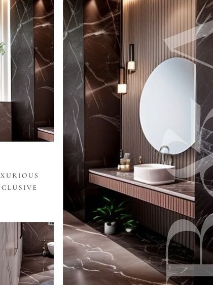 A collage showcasing a luxurious bathroom with dark brown marble walls. The design features a floating vanity, a large round mirror, and modern lighting fixtures, creating a sophisticated and exclusive feel.