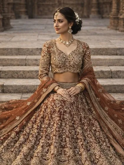 A serene and beautiful seated pose in the grand bridal lehenga. This angle offers a wonderful view of the detailed embroidery on the blouse and the voluminous skirt.