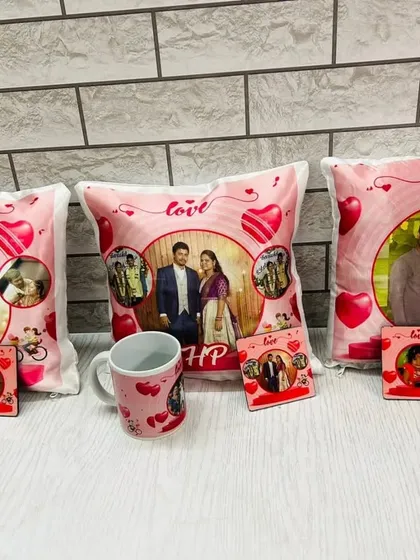 Create a matching set for your home with personalized cushions, mugs, and coasters. I can print your couple photos on all these items for a coordinated and romantic gift.