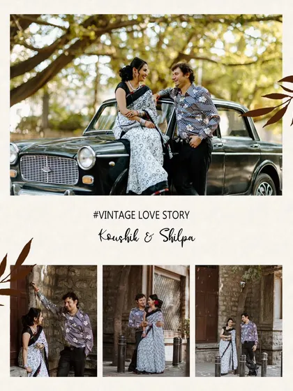 This collage captures the essence of a vintage love story, with a couple posing with a classic car. The various shots tell a story of old-school romance.
