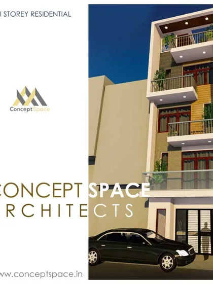 A design for a multi-story residential building on a compact plot. The facade uses projecting balconies and varied window placements to create a dynamic and modern urban home.