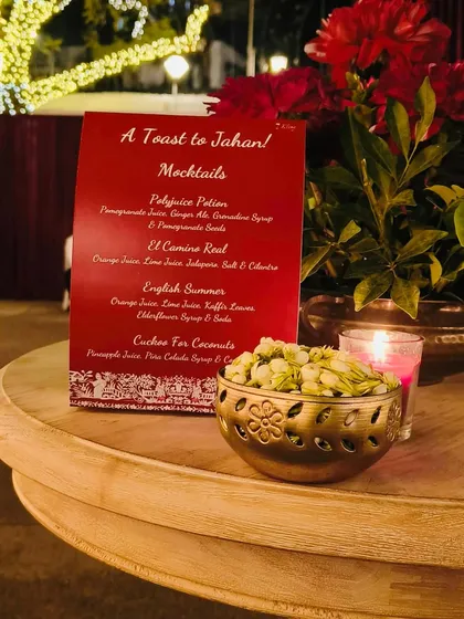 We create separate, thoughtful menus for non-alcoholic drinks as well. This mocktail menu for Jahan's Navjote features creative concoctions like the "Polyjuice Potion" and "Cuckoo for Coconuts." 