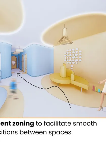 Efficient zoning facilitates smooth transitions between spaces. This rendering shows how clear pathways and distinct zones in a pediatric clinic can guide users effortlessly, reducing confusion and stress.