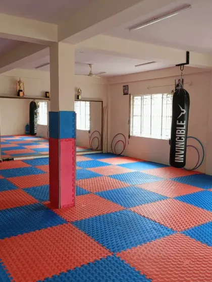 Another view of our Banaswadi dojang, showing the ample space for forms, sparring, and fitness drills.
