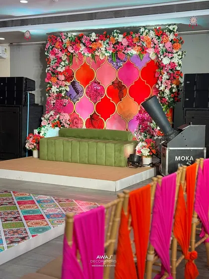 The Mehendi stage with professional event equipment, ready for performances and celebrations.